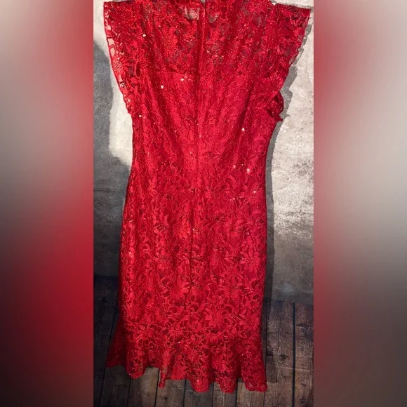 Alexa B Nites Womens Lace Cocktail Dress Size 8 Red Floral Ruffle Sequin-EUC - Picture 2 of 3